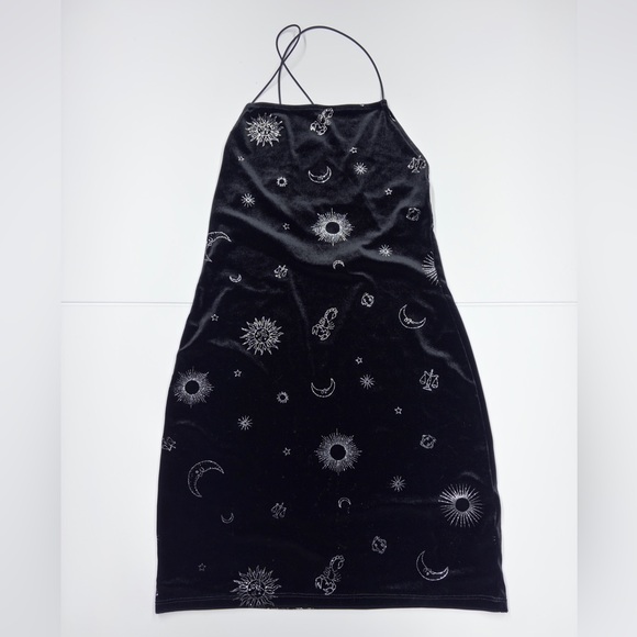 Black Velvet Celestial Star Moon Bodycon Mini Dress Size Small - Picture 7 of 11